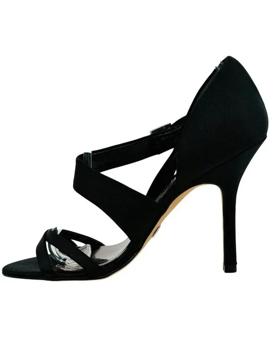 Badgley Mischka Black Satin Rhinestone Bow Heels 6 | dOrsay Formal Evening Shoes - Picture 6 of 16